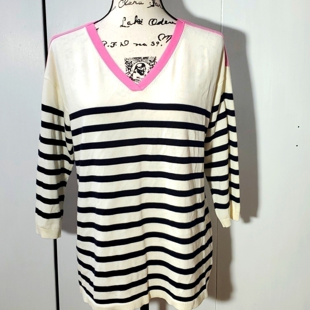 Talbots- White/Black Stripes Pink Trim Vneck Sweater Preppy Mod  Sz.LP